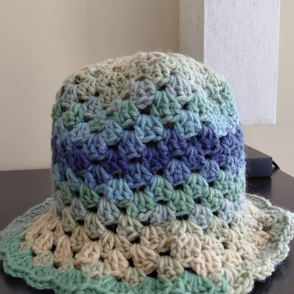 Handmade Crochet Bucket Hat in Blue, Green & Cream - Picture 2 of 4